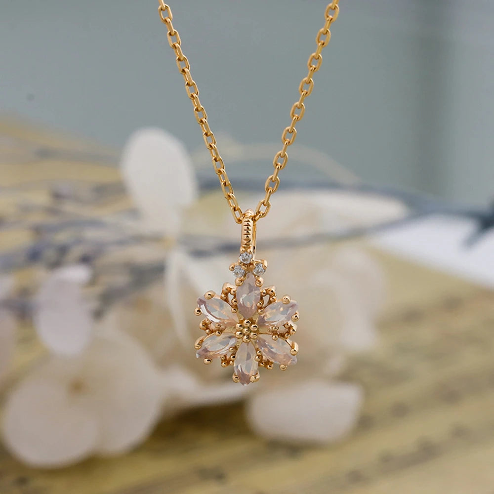 925 Sterling Silver 14K Gold Plated Gemstone Retro Hollow Flower Tanzanite Zircon  Synthetic Artificial Opal Necklace