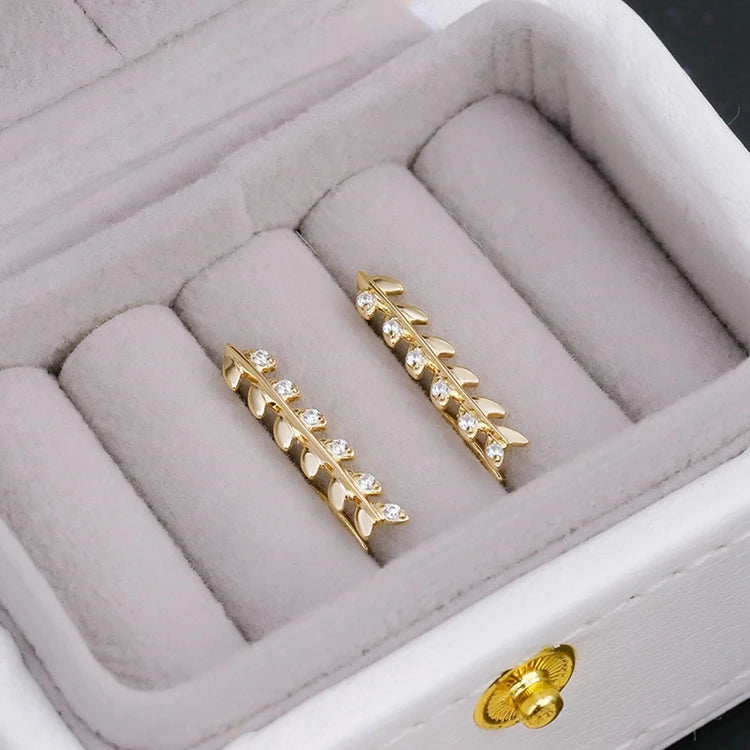 Emotional Factory 925 Sterling Silver 14K Gold Plated Cz Zircon Strip Long Light Luxury Leaf Design Earrings