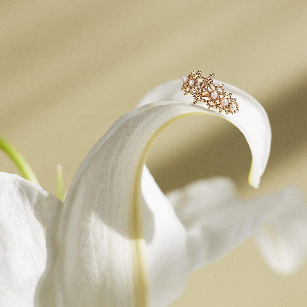 Emotional 925 Sterling Silver 14K Gold Plated Gem Stone Gemstone Retro Hollow Flower Natural Freshwater Pearls Lace Ring