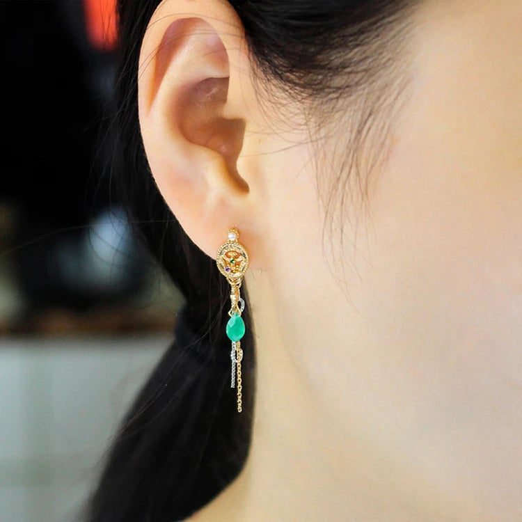 Emotional Factory 925 Sterling Silver 14K Gold Plated Gemstones Vintage Amethyst Pearl Chrysoprase Earrings