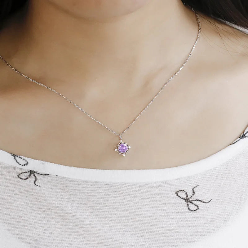 Emotional Factory 925 Sterling Silver 14K Gold Plated Gemstone Geometric Square Lavender Color Ice White Zirconia Necklace