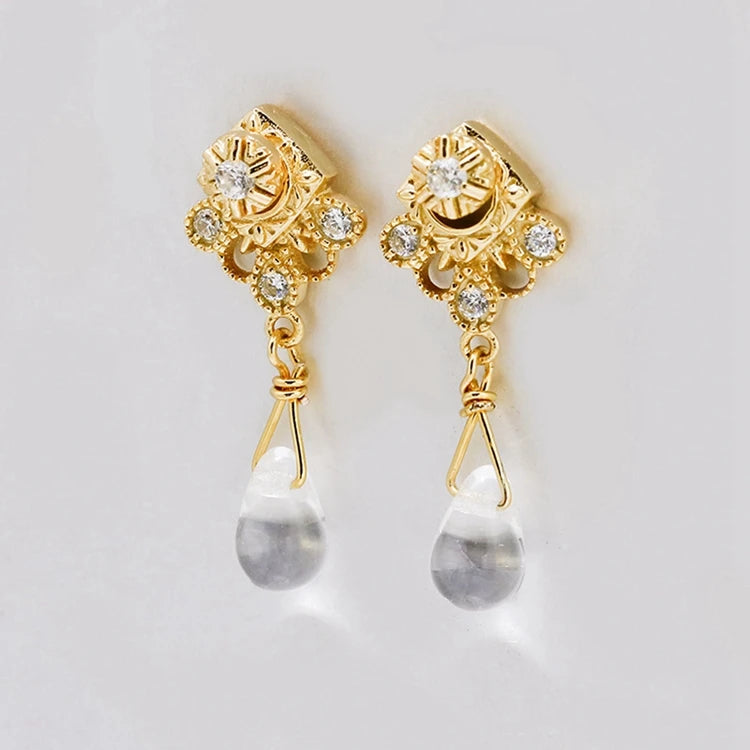 925 Sterling Silver 14K Gold Plated Gem Stone Gemstone Cz Zircon Ring Vintage Elegant Fan Czech Beads Stud Earrings