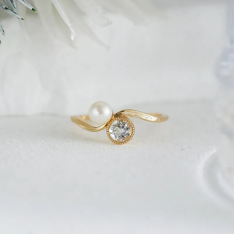 Emotional Factory 925 Sterling Silver 14K Gold Plated Gemstone Curve Vintage  Topaz Natural Pearl Ring
