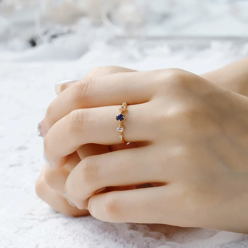 Emotional Factory 925 Sterling Silver 14K Gold Plated Gemstone Zircon Drop Topaz Night Sky Stars Blue Aventurine Ring