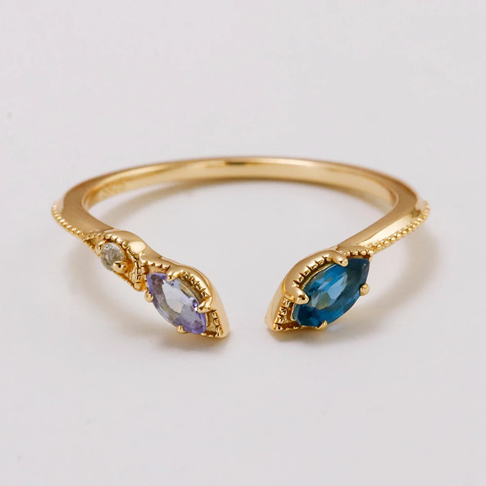 Emotional Factory 925 Sterling Silver 14K Gold Plated Gemstone Adjustable Snake Tanzanite Zircon London Blue White Topaz Ring