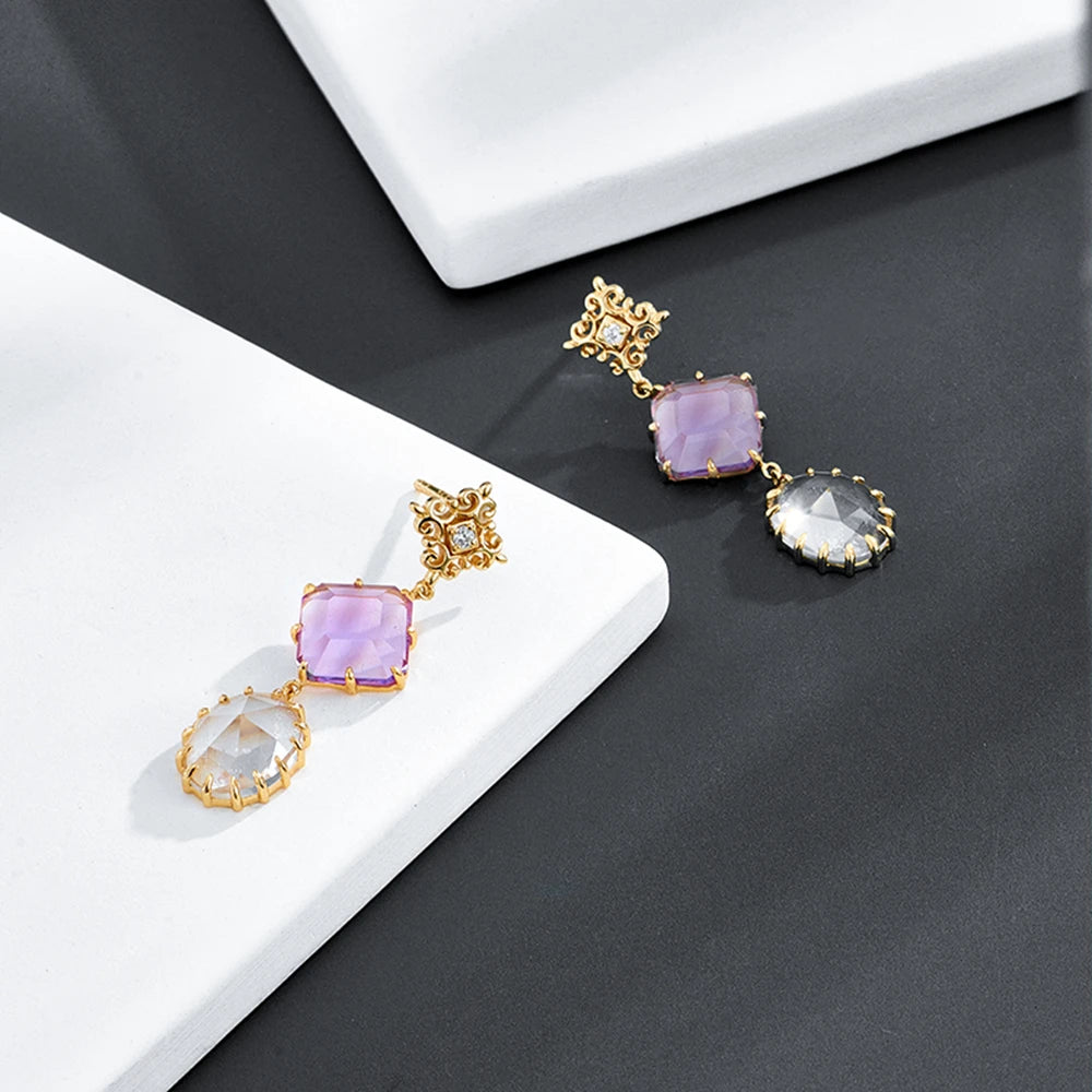 Factory Jewelry 925 Sterling Silver 14K Gold Plated Gemstone Series Crystal Brazilian Amethyst White Topaz Long Earrings