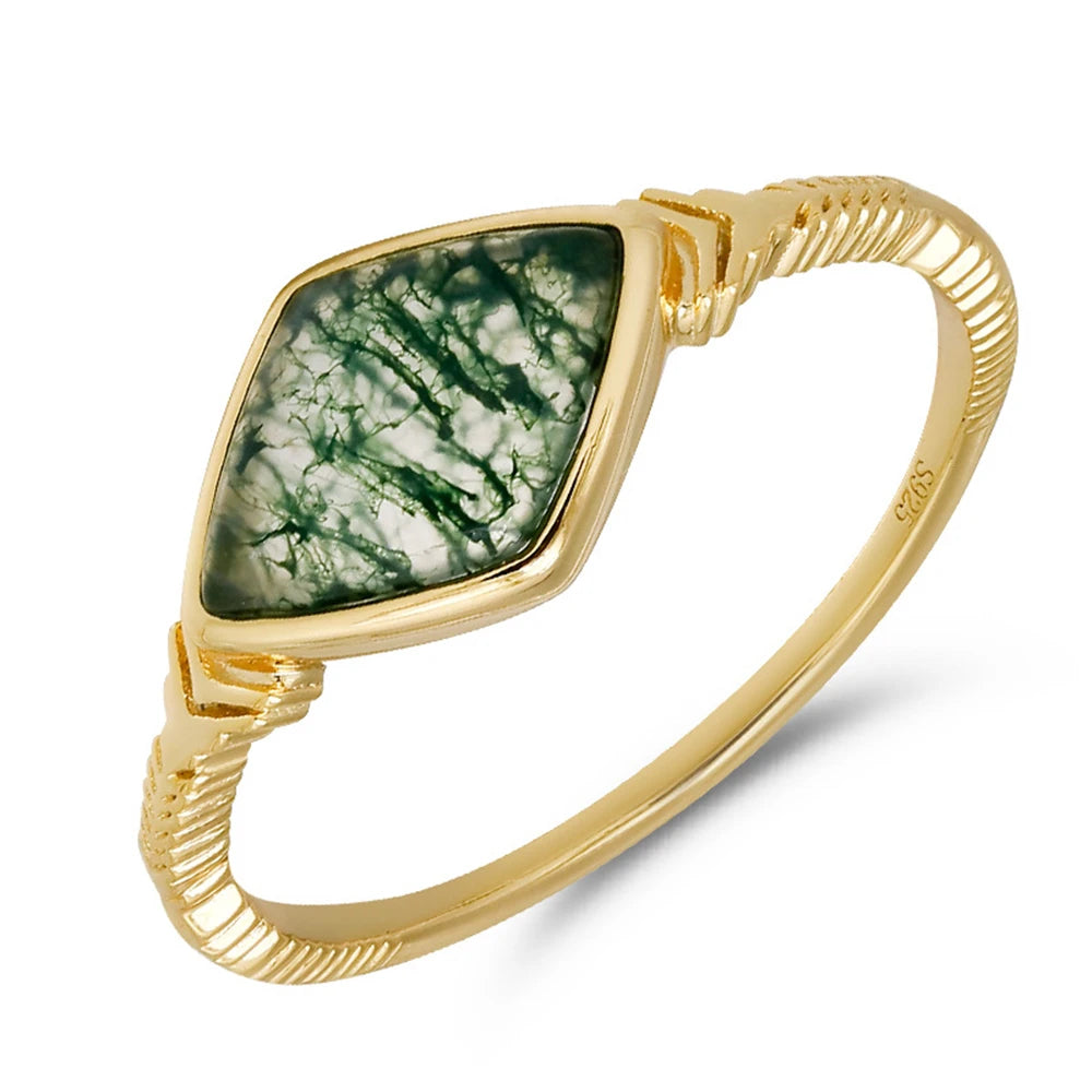 Emotional Joyeria Fina  925 Sterling Silver 14K Gold Plated Gemstone Middle Ages Vintage Style Geometric Rhombus Moss Agate Ring
