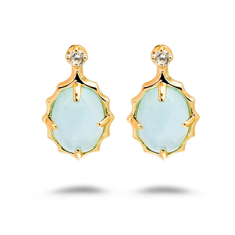 Emotional 925 Sterling Silver 14K Gold Plated Gem Stone Gemstone Retro  Cz Zircon Round White Shell Sky Blue Glass Earrings