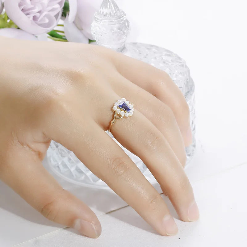 925 Sterling Silver 14K Gold Plated Gemstone Geometric Trapezoid Tanzanite Zirconia Cz Zircon Shell Bead Pearl Ring