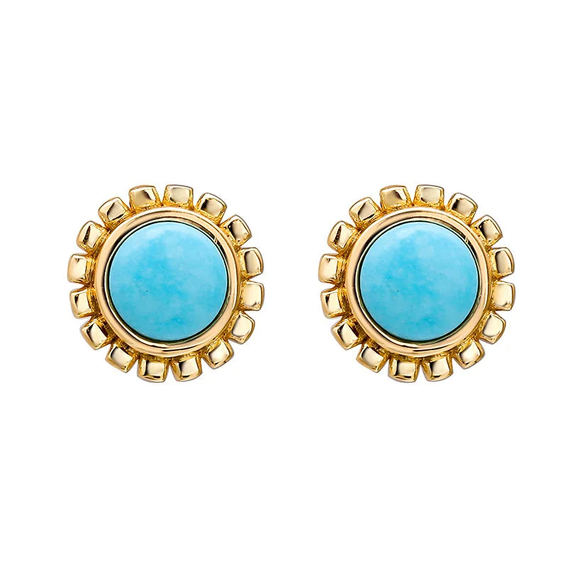 Emotional Factory 925 Sterling Silver 14K Gold Plated Gemstone Round Bead Flower Natural Turquoise Stud Earrings