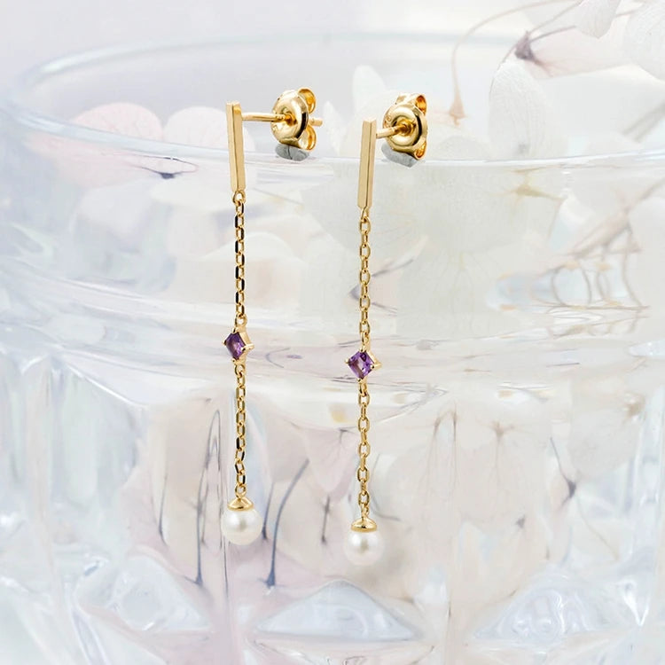 Emotional Factory 925 Sterling Silver 14K Gold Plated Gemstone Pearl Amethyst Tassels Stud Earrings
