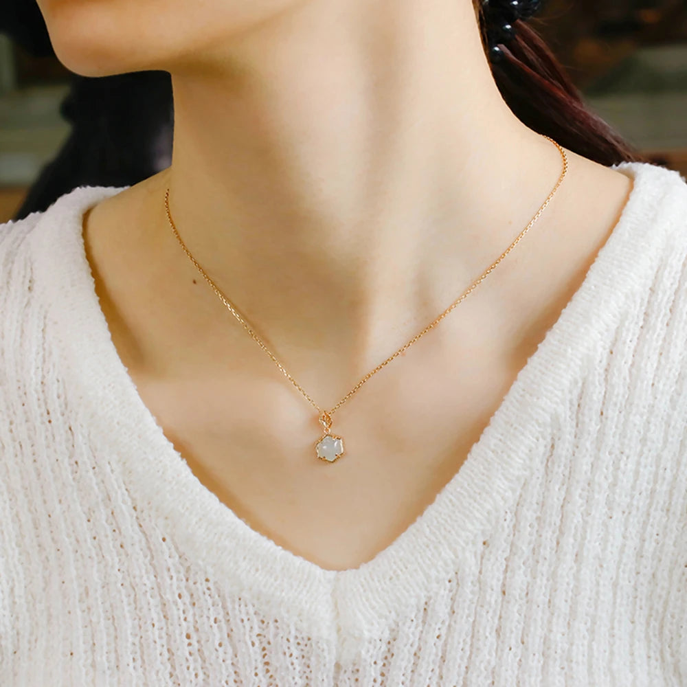 925 Sterling Silver 14K Gold Plated Gemstone Retro Vintage Hexagonal Jade Nephrite Necklace