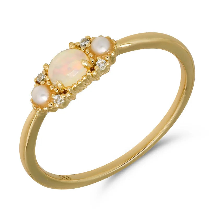 Emotional Factory 925 Sterling Silver 14K Gold Plated Gemstone Retro Cz Zircon African Opal Natural Pearl Ring