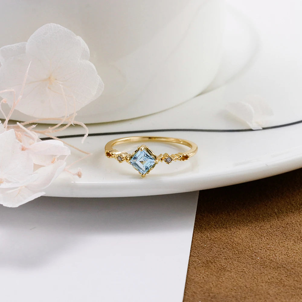 Emotional Factory 925 Sterling Silver 14K Gold Plated Gemstone Retro Cz Zircon Geometric Topaz Ring