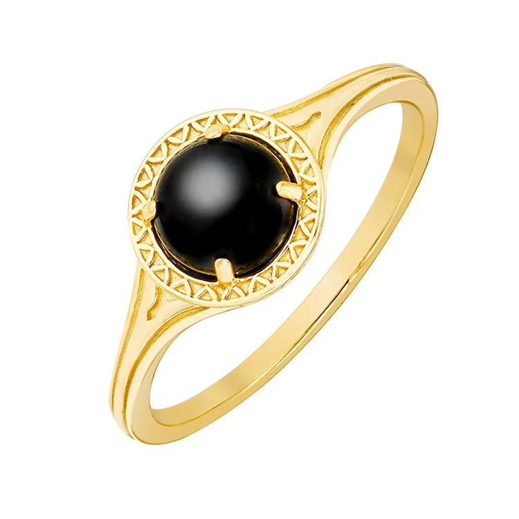 Emotional Factory 925 Sterling Silver 14K Gold Plated Gemstones Round Carved Garnet Black Onyx Ring