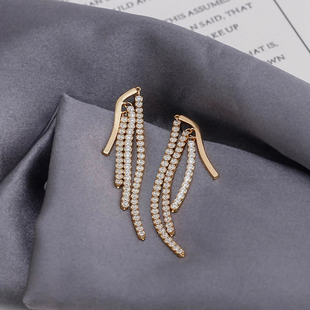 Emotional Factory 925 Sterling Silver 14K Gold Plated White Cz Zircon Tassels Tennis Chain Ear Clips Stud Pendant Earrings