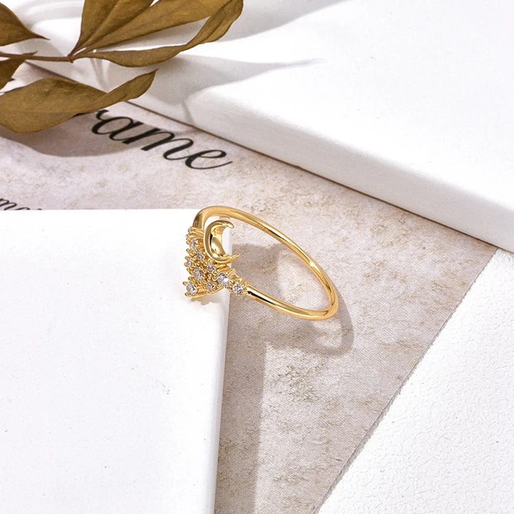 Emotional Factory Anel Prata 925 925 Sterling Silver 14K Gold Plated Personality Mini Zircon Moon Ring Bijoux for Women