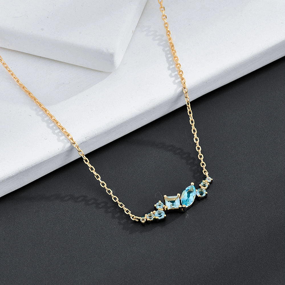 Emotional Factory Jewelry 925 Sterling Silver 14K Gold Plated Gemstone Series Blue Topaz Square Round Geometry Necklace