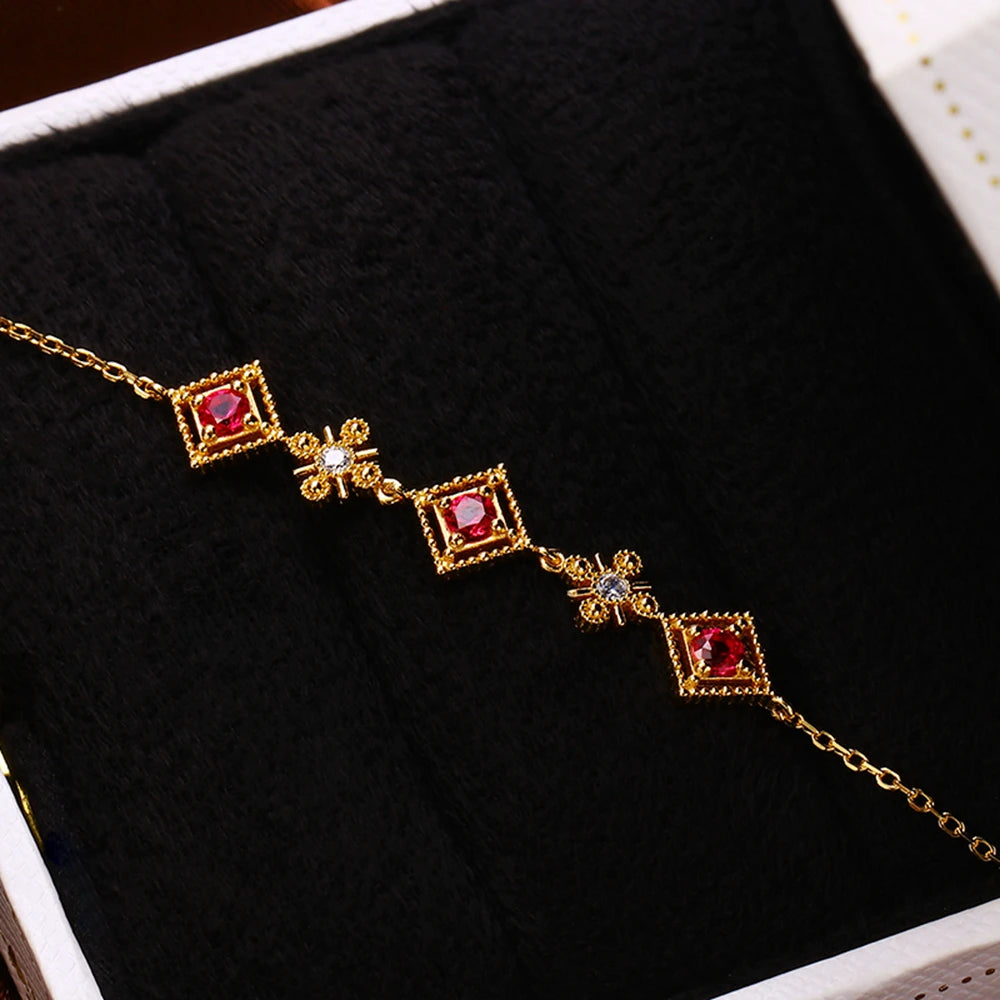 Pulseras 925 Sterling Silver 14K Gold Plated Gemstone Red Corundum Diamond Shaped Green Spinel Zircon Bracelet