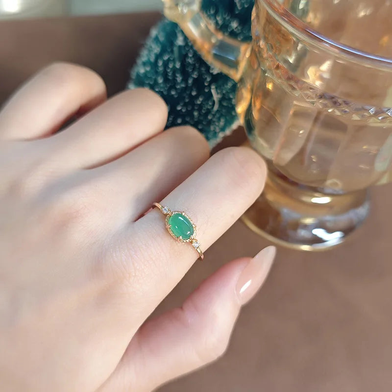 Emotional Factory 925 Sterling Silver 14K Gold Plated Gemstone Retro Cz Zircon Sample Chrysoprase Ring