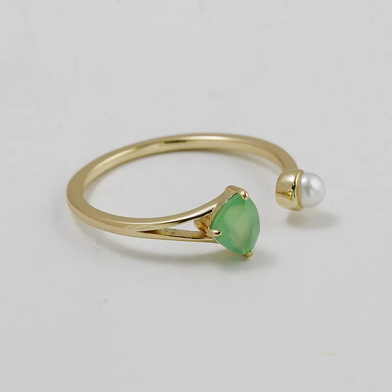 925 Sterling Silver 14K Gold Plated Gemstone Triangle Chrysoprase Natural Freshwater Pearl Adjustable Opening Ring