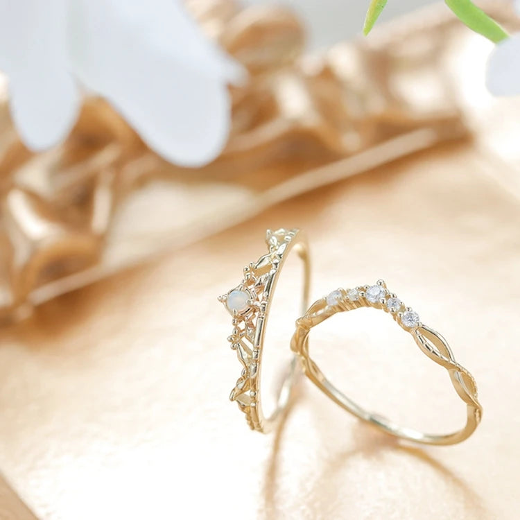 925 Sterling Silver 14K Gold Plated Gemstone Natural Opal Exquisite Crown Hollow Ring