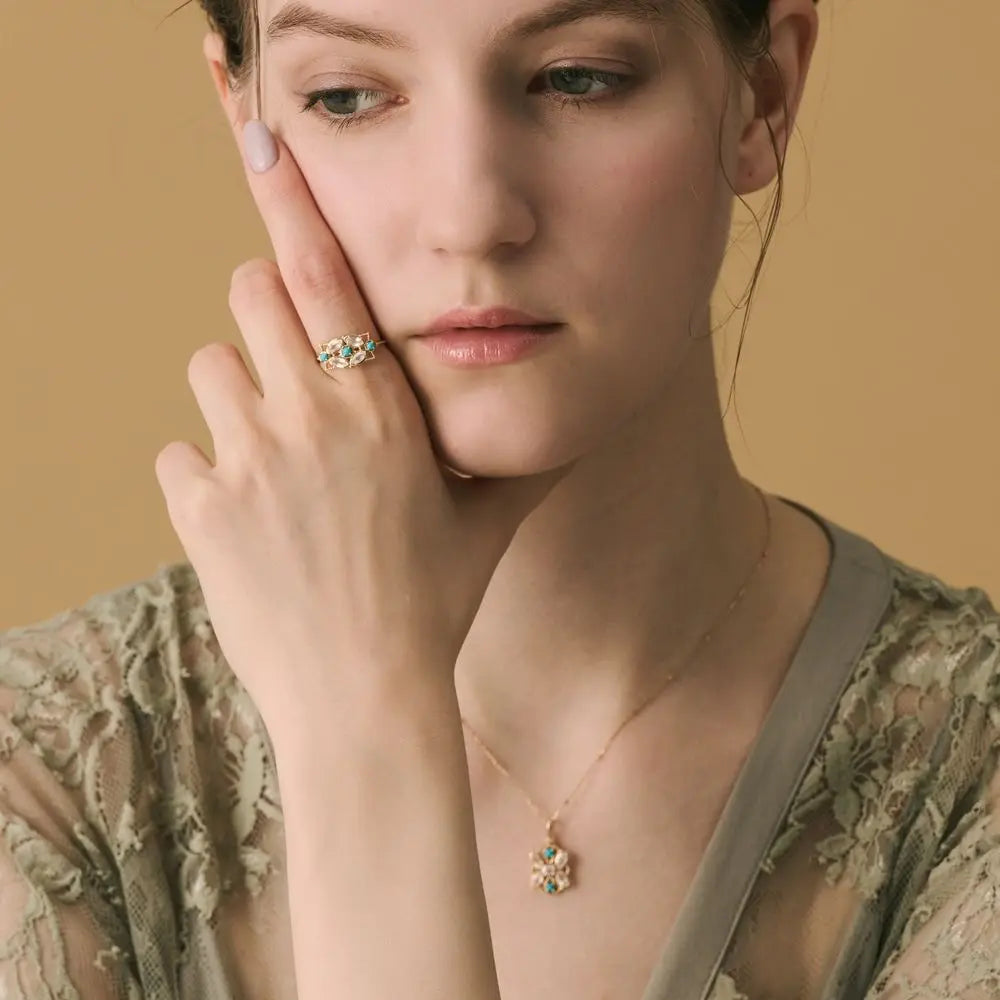 Niche Retro Hollow Geometry Design Inlaid Opal+Turquoise RingS925Silver Plated14KRing