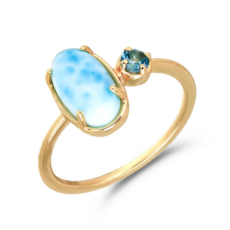 Emotional Factory 925 Sterling Silver 14K Gold Plated Gemstone Egg-Shaped Seafoam London Blue Topaz Ring