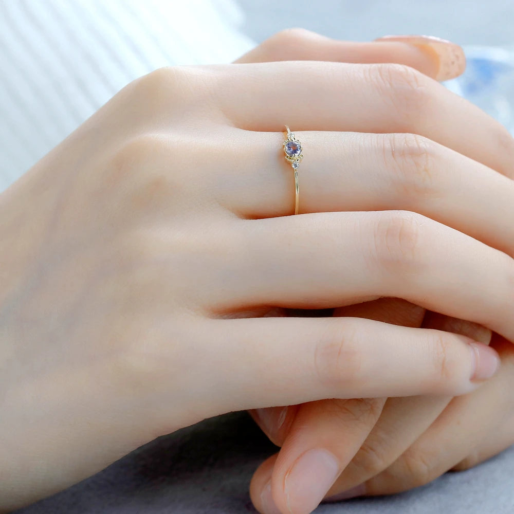 925 Sterling Silver 14K Gold Plated Gemstone Wedding Proposal Minimalist Round Tanzanite Ring