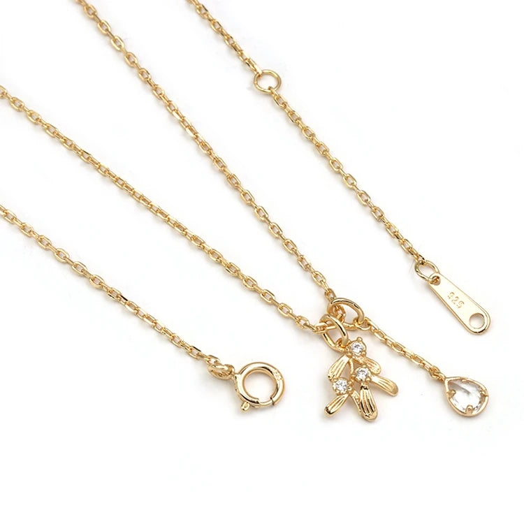 Emotional Factory 925 Sterling Silver 14K Gold Plated Gemstone Drop Leaf Crystal Double Pendant Necklace