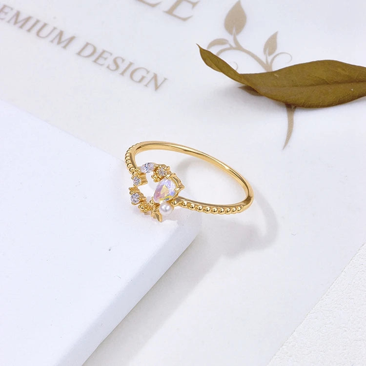 Emotional Factory 925 Sterling Silver 14K Gold Plated Gemstone Hollow Star Blue Quartz Stone Ring