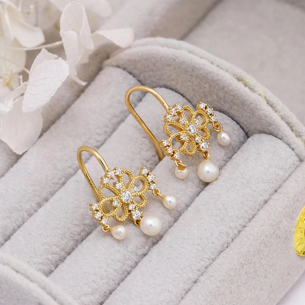 Emotional Factory 925 Sterling Silver 14K Gold Plated Gem Stone Gemstone Retro  Cz Zircon Ring Lucky Flower Pearl Earrings