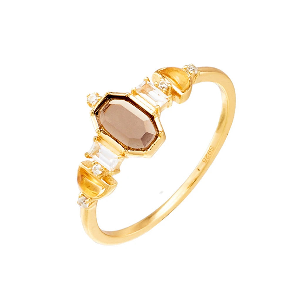 Emotional Custom Factory 925 Sterling Silver 14K Gold Plated Gem Gemstone Citrine White Topaz Hexagon Ring