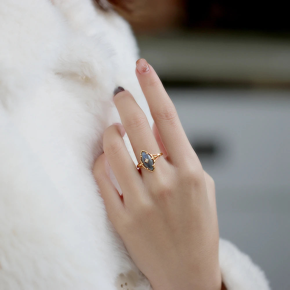 925 Sterling Silver 14K Gold Plated Gemstone Night Sky Stars Vintage Fantasy Women Grey Labradorite Ring