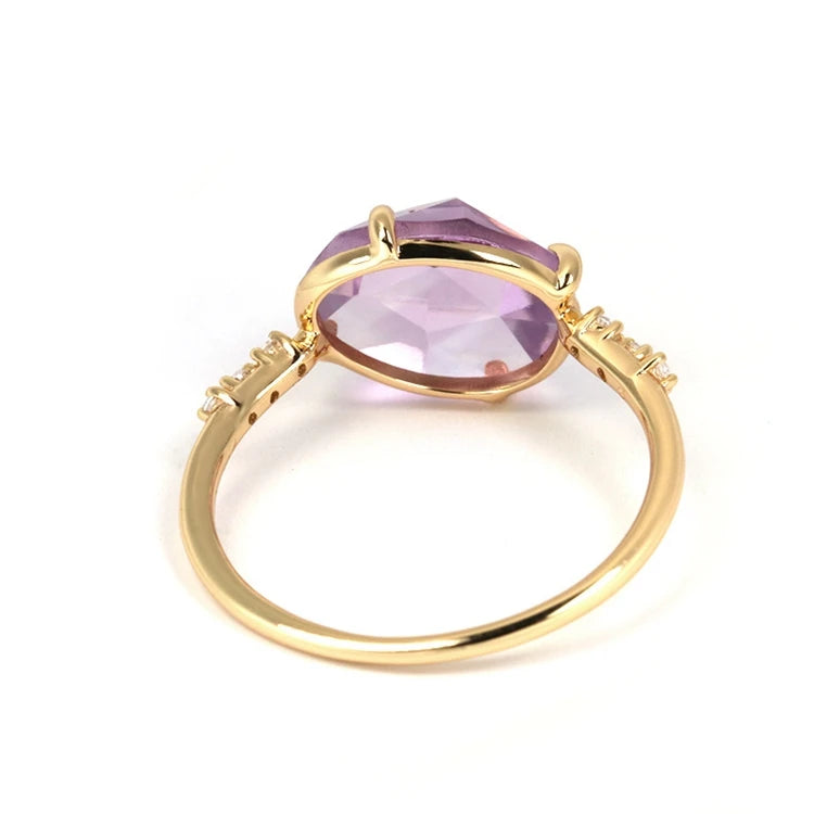Emotional Factory 925 Sterling Silver 14K Gold Plated Gemstone Egg Shape Women Amethyst Claws Birthstone Ring