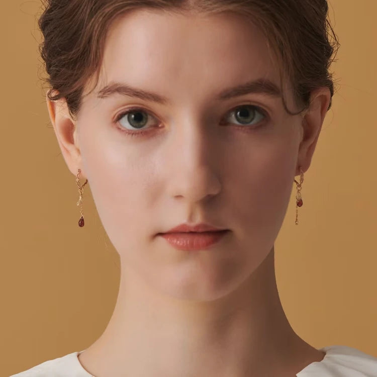 Emotional Factory 925 Sterling Silver 14K Gold Plated Gemstone Leaf Drops Seeds Red Garnet Earrings