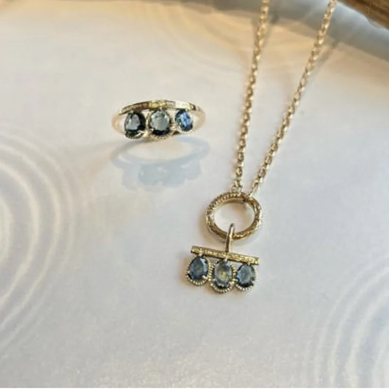 Emotional Factory 925 Sterling Silver 14K Gold Plated Gemstone Vintage Blue Rose Cut Grass 3 Stone Necklace