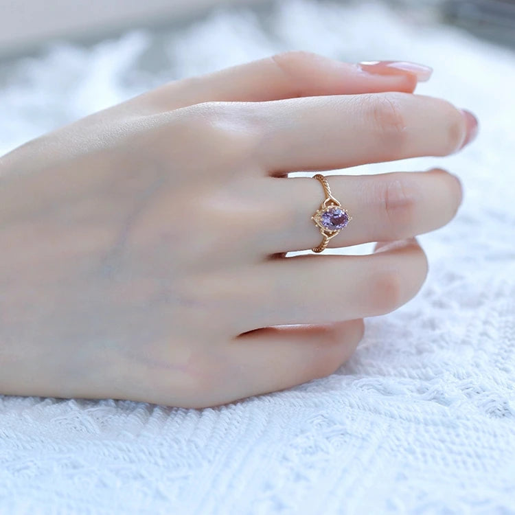 925 Sterling Silver 14K Gold Plated Gemstone Series Crown Bubble Luxury Amethyst Lace Ring