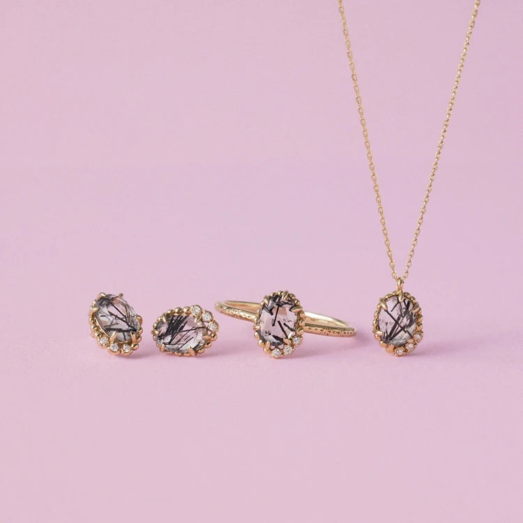 Emotional Factory 925 Sterling Silver 14K Gold Plated Gemstones Landscape Zircon Natural Black Hair Crystal Ring