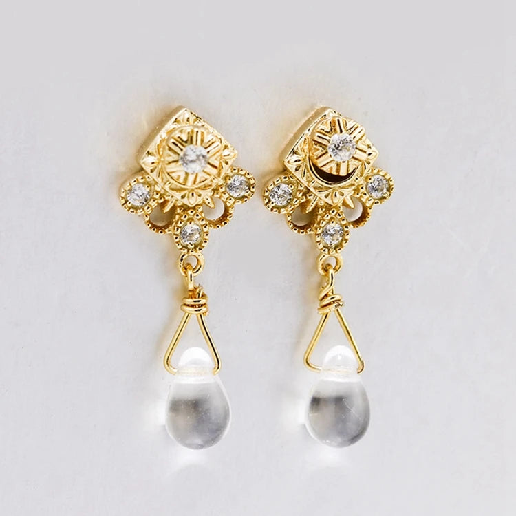 925 Sterling Silver 14K Gold Plated Gem Stone Gemstone Cz Zircon Ring Vintage Elegant Fan Czech Beads Stud Earrings