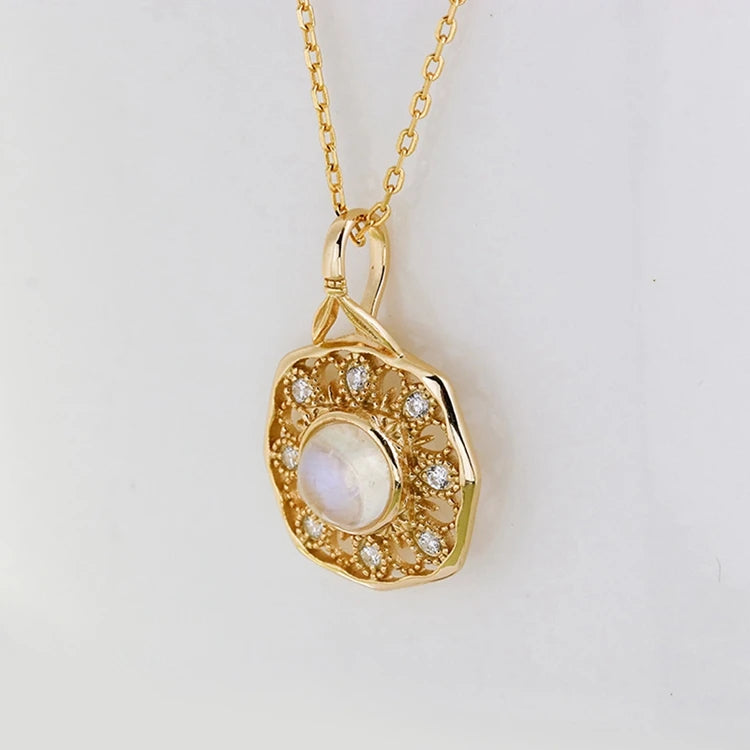 925 Sterling Silver 14K Gold Plated Gem Stone Gemstone Cz Zircon Vintage Court Style Geometric Natural Blue Moonstone Necklace
