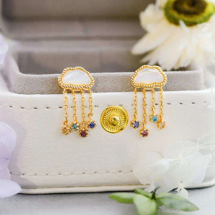925 Sterling Silver 14K Gold Plated Gemstones Colorful Zirconia Tassel Stereoscopic Clouds White Butterfly Shell Earrings