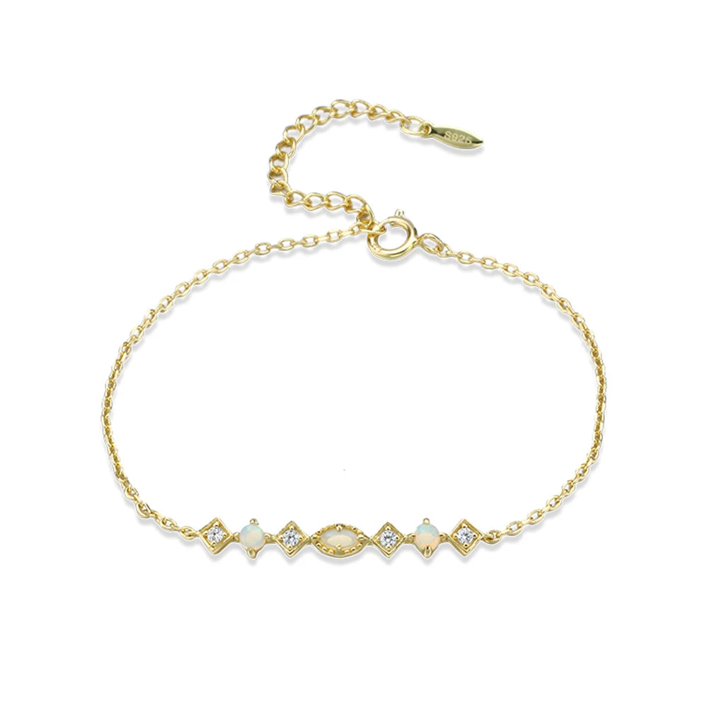 Bijoux Femme 925 Sterling Silver Gold Plated Gemstone Cz Zircon Rhombus Square Round Australian Opal Bracelet With Natural Stone