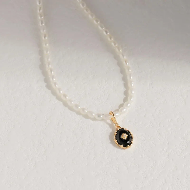 Emotional Factory 925 Sterling Silver 14K Gold Plated Gemstones Vintage Light Luxury Egg Shaped Black Onyx Necklace