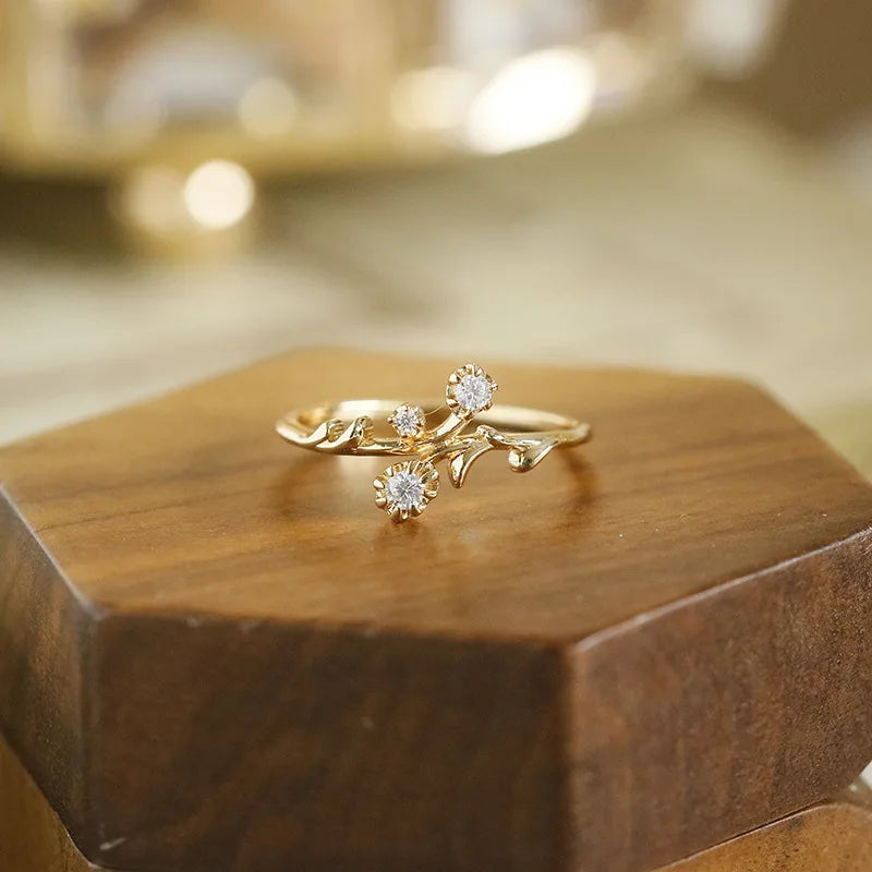 Emotional Factory 925 Sterling Silver 14K Gold Plated Gemstone Flower Branch Elegant Floral Moissanite Ring