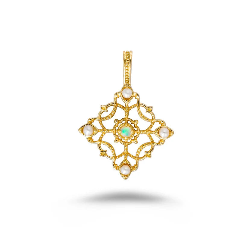 925 Sterling Silver 14K Gold Plated Gem Stone Gemstone Retro Hollow Camellia Vintage Medieval Pearl Opal Flower Delicate Pendant