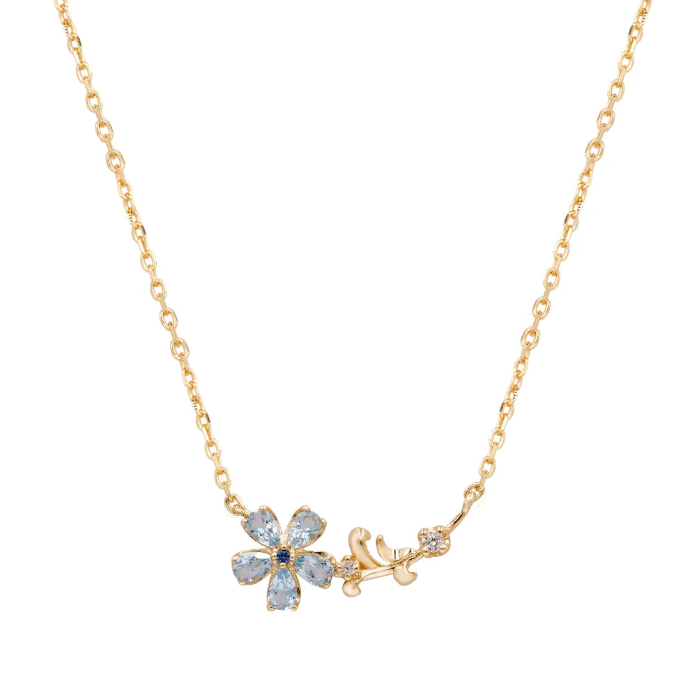 Emotional Factory 925 Sterling Silver 14K Gold Plated Gemstone Series Blue Topaz Flowers Clavicle Chain Necklace
