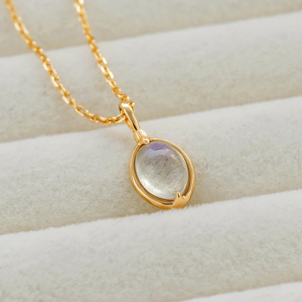 925 Sterling Silver 14K Gold Plated Gemstone Round Stone Egg Shape Natural Labradorite Pendant Necklace