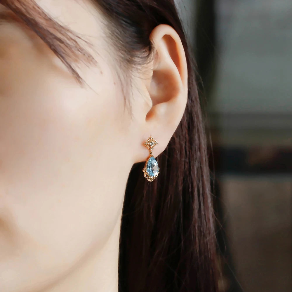 925 Sterling Silver 14K Gold Plated Gemstone French Vintage Court Style Drop Sky Blue Topaz Earrings