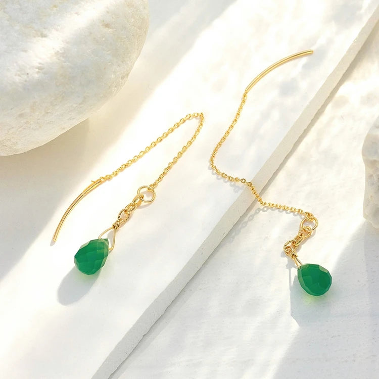 925 Sterling Silver 14K Gold Plated Gemstones Classical Wire Natural Green Chalcedony Vintage Ear Wires Earrings